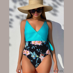 Aimage  One Piece‎ Swimsuit Size XL V Neck V Back Black & Blue Side Tie Floral